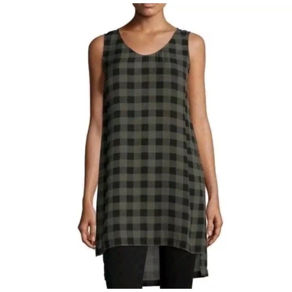 EILEEN FISHER Silk Olive Buffalo Check Plaid High Low Tunic Tank Dress Size S